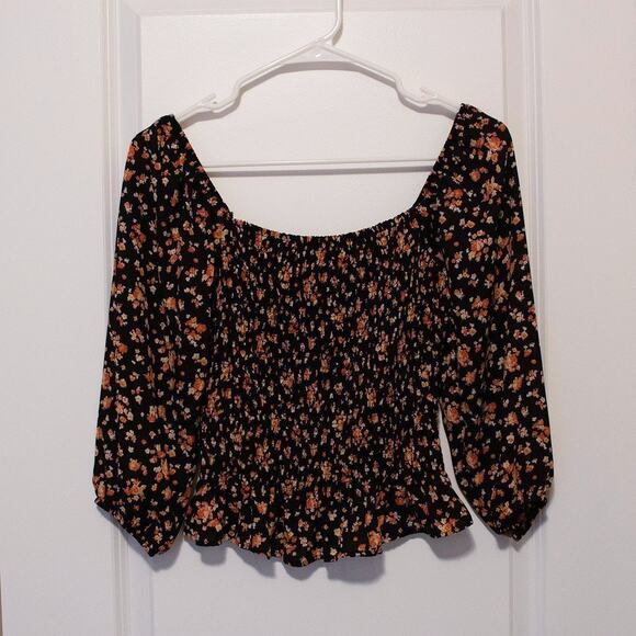 S Cottagecore Botanical Floral Smocked Puff Sleeve Peasant Black Blouse Ruffle - Picture 1 of 6